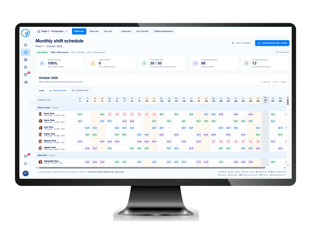 Shiftix-Monatsdienstplan für die Fertigung auf einem Desktop-Monitor
