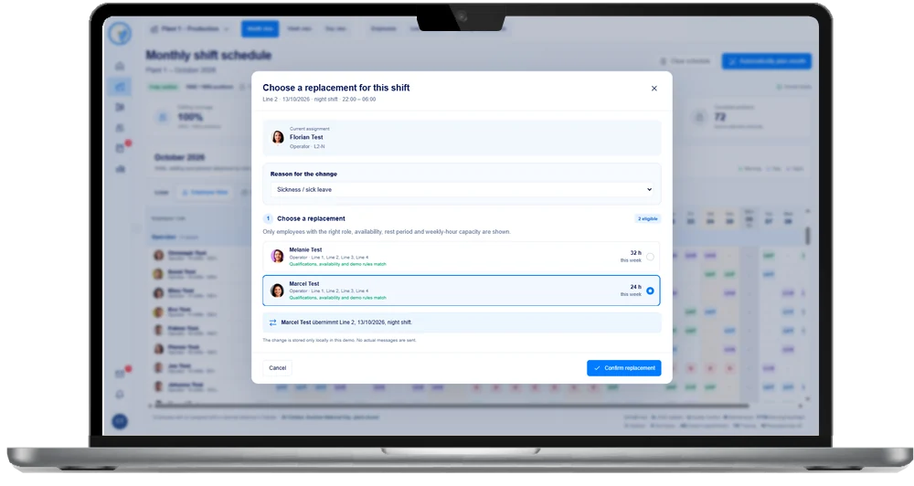 Shiftix-Vertretungssuche für die Fertigung auf einem Laptop