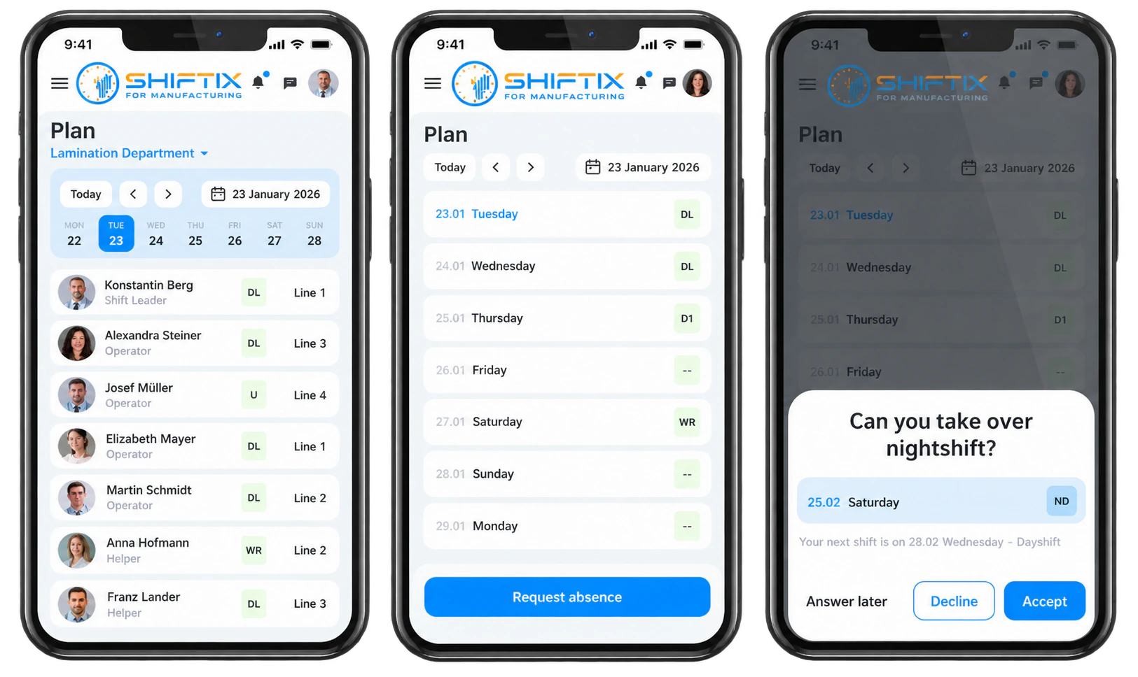 Ansichten der mobilen Shiftix-Anwendung für die Fertigung auf iOS und Android