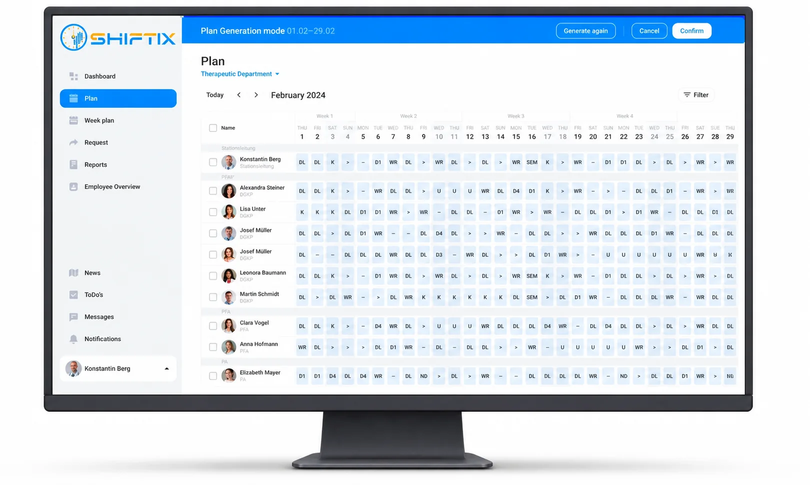 Von Shiftix automatisch erstellter Monatsdienstplan auf einem Desktop-Monitor