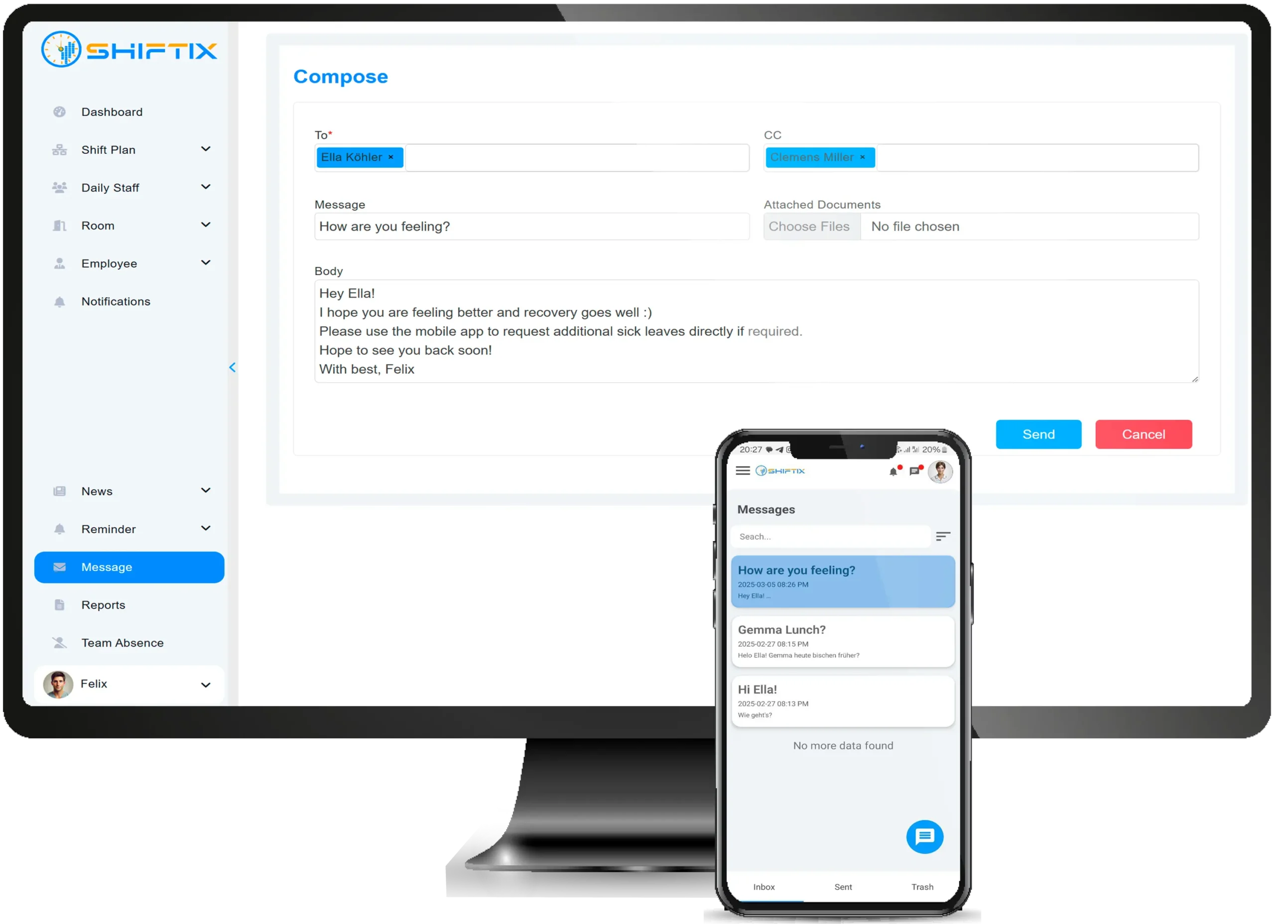 Integrierte Teamkommunikation und Nachrichten in Shiftix
