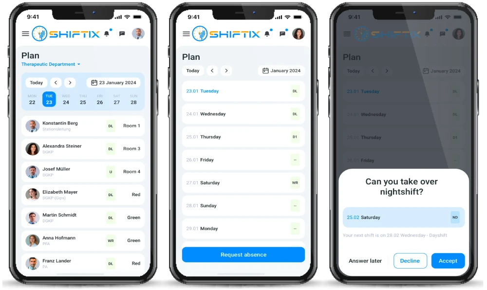 Ansichten der mobilen Shiftix App