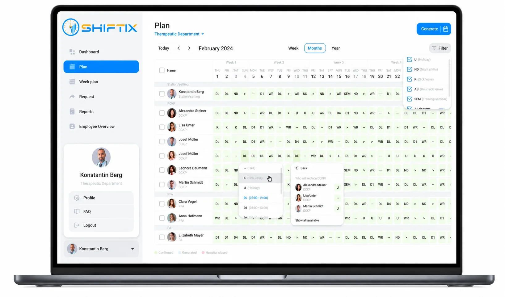 Intelligente Vertretungssuche für Mitarbeitende in Shiftix auf einem Laptop