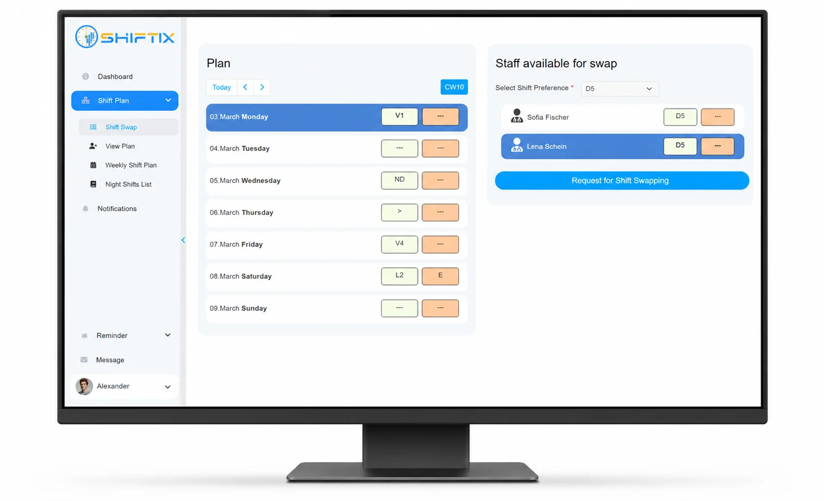 Shiftix Arbeitsablauf für den Diensttausch von Mitarbeitenden auf einem Desktop-Monitor