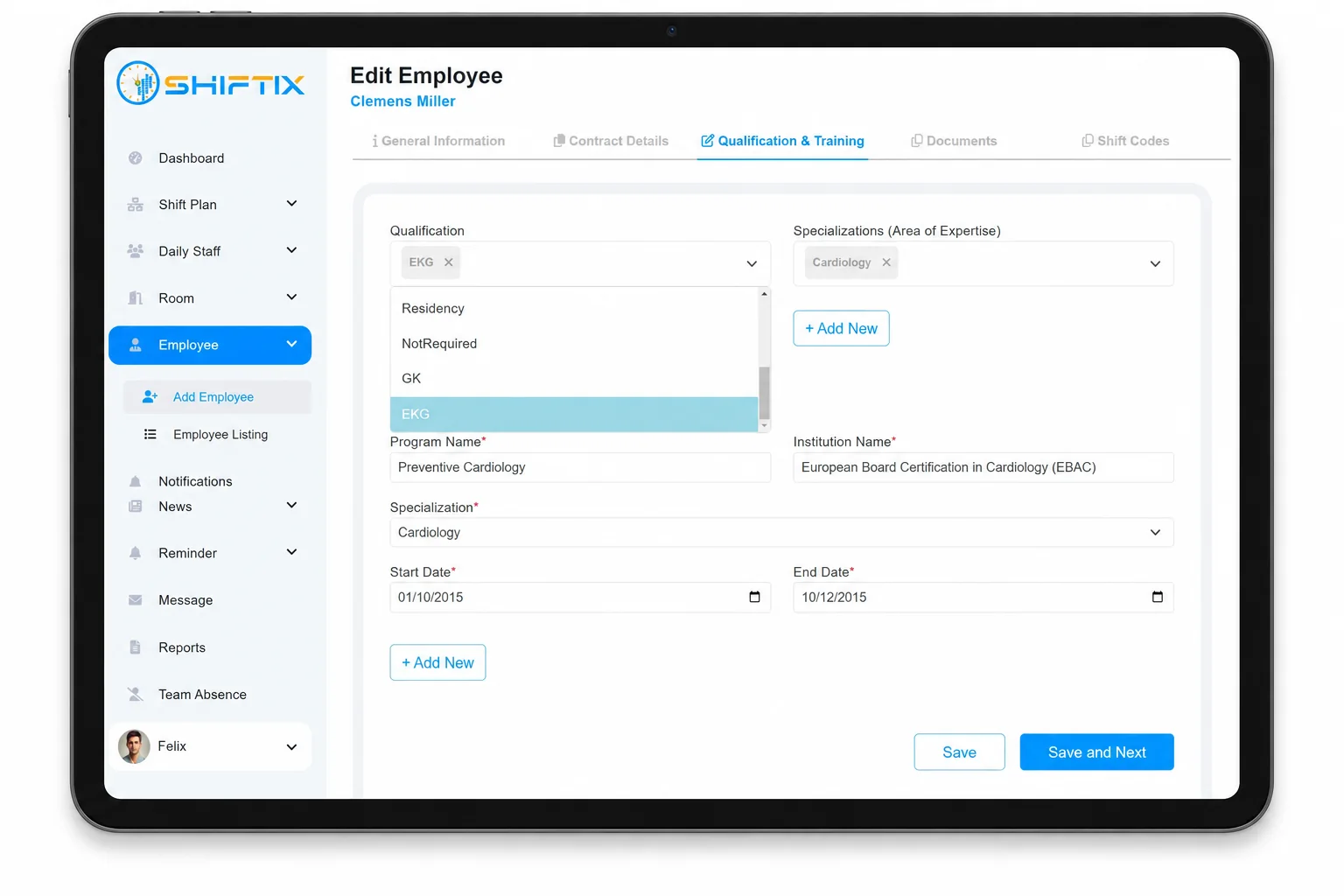 Shiftix Planungsoberfläche für den Qualifikations- und Erfahrungs-Mix auf einem Tablet