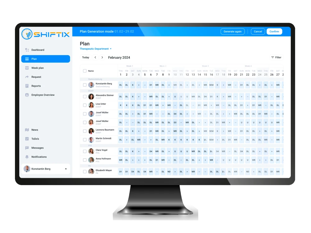 Shiftix Dashboard für die Monatsplanung auf einem Desktop-Monitor